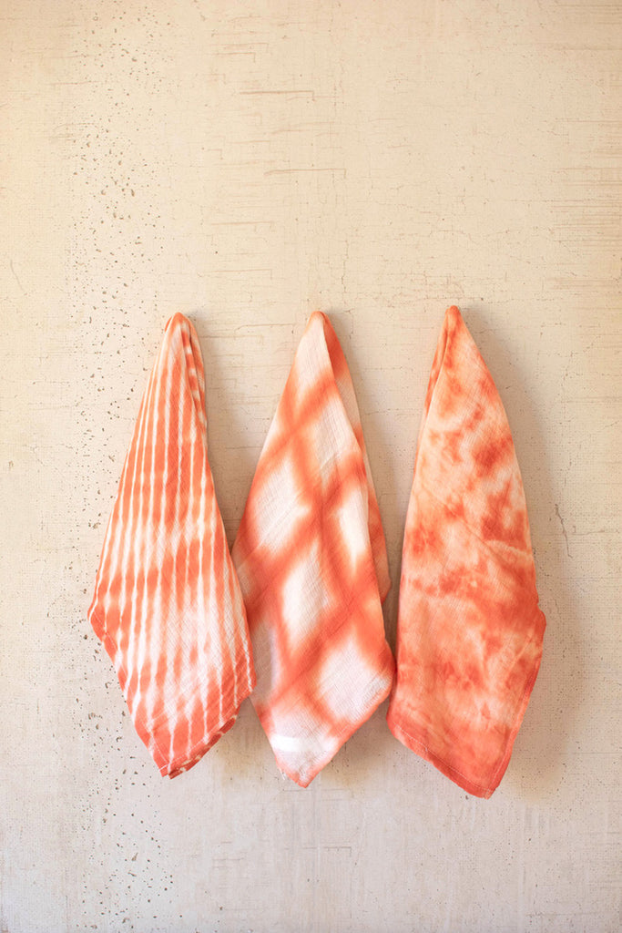 Set of 3 coral hand-dyed tea towels - Bombay Mercantile