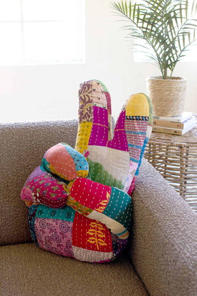 Kantha hand peace sign pillow - Bombay Mercantile