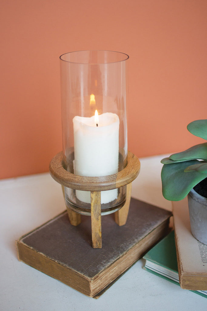 Glass hurricane with mango wood stand - The Nifty Decor