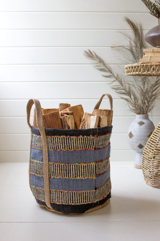 Blue striped jute bag with handles - Bombay Mercantile