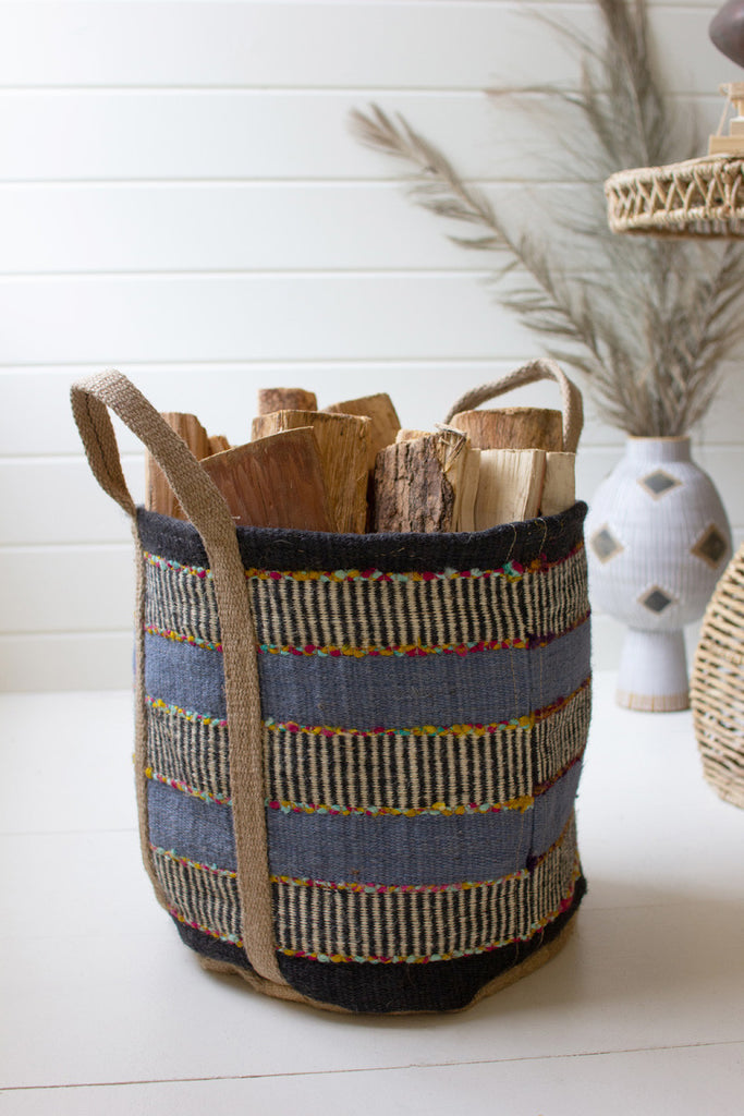 Blue striped jute bag with handles - Bombay Mercantile