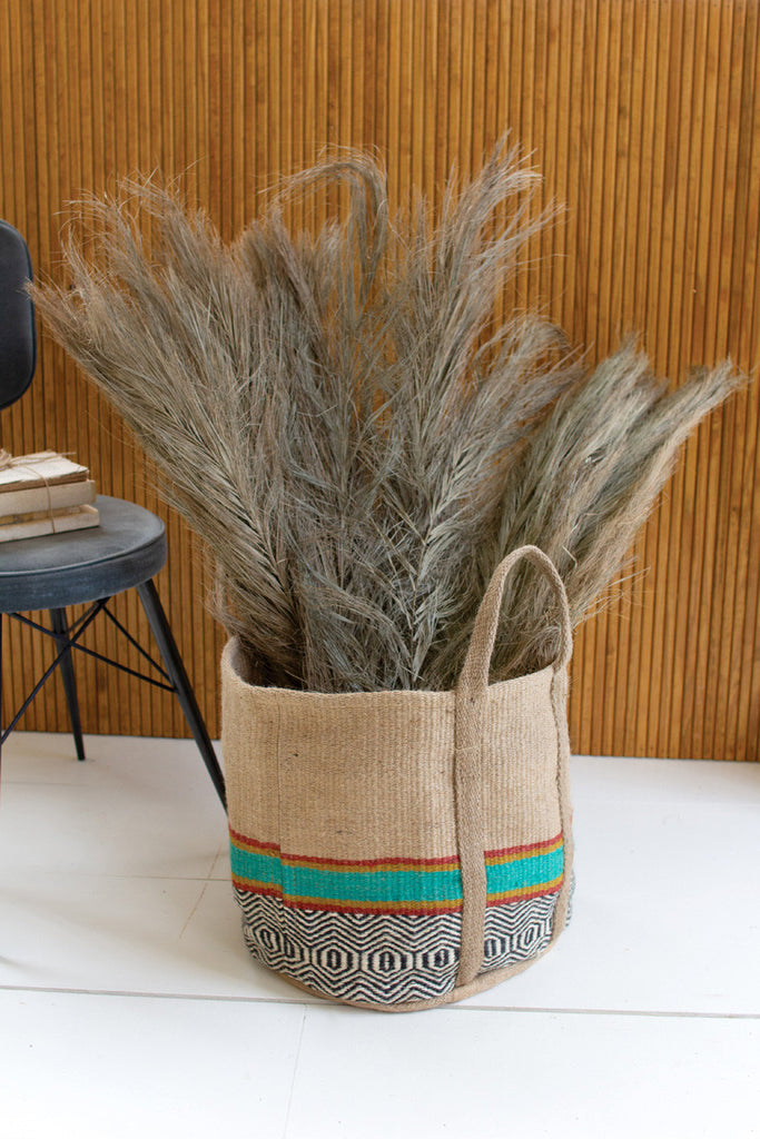 Jute bag with turquoise stripe and handles - Bombay Mercantile