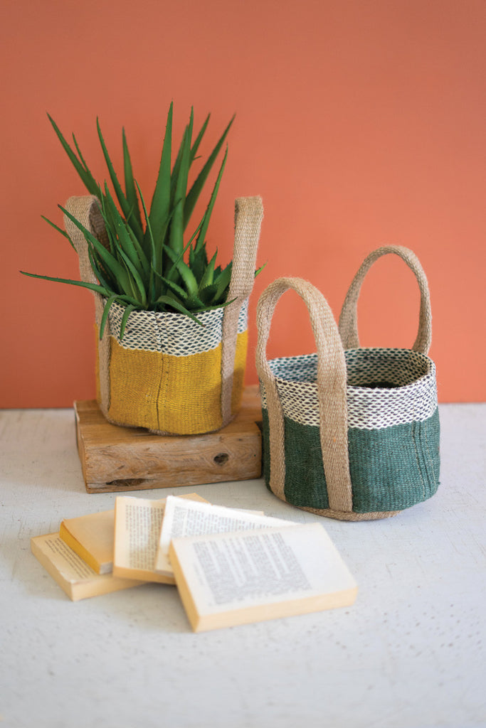 Set of 2 small jute planters with handles - Bombay Mercantile