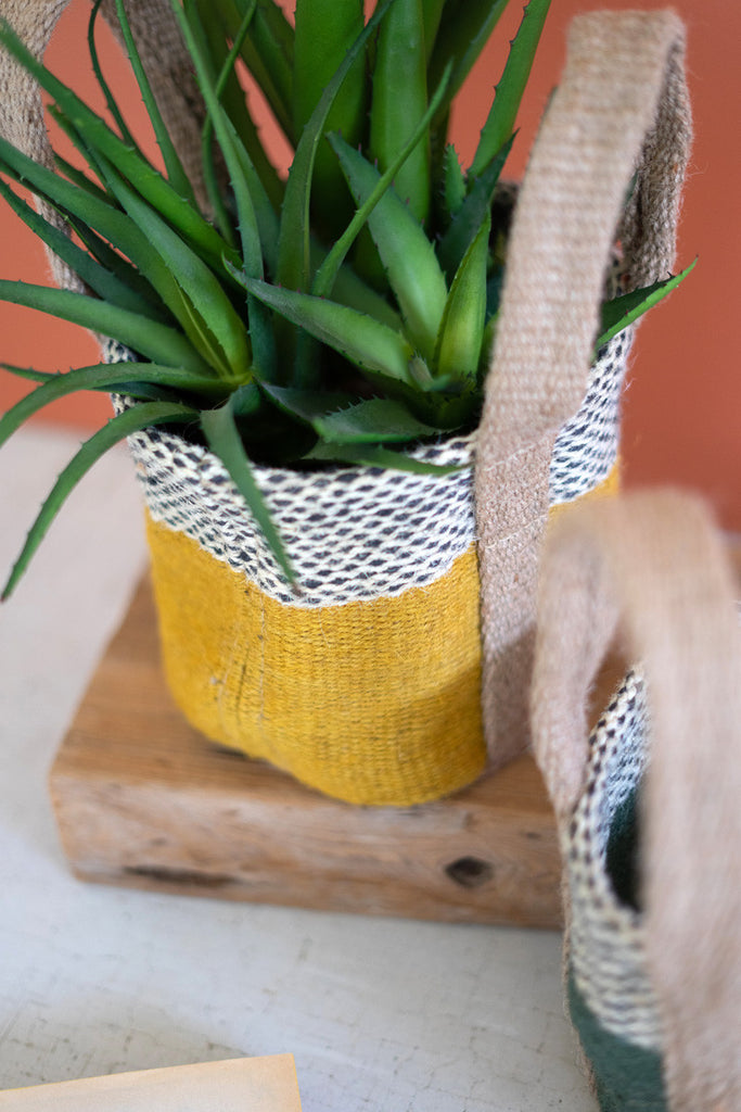 Set of 2 small jute planters with handles - Bombay Mercantile