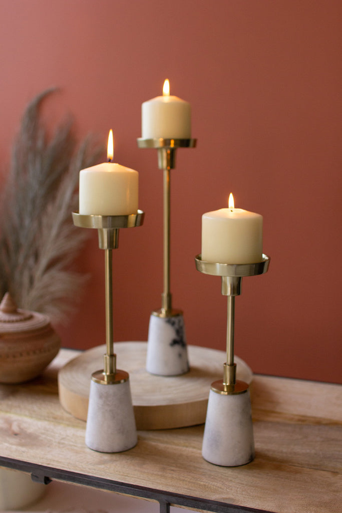 Set of 3 brass pillar candle holders with marble bases - Bombay Mercantile