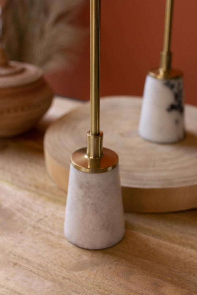 Set of 3 brass pillar candle holders with marble bases - Bombay Mercantile