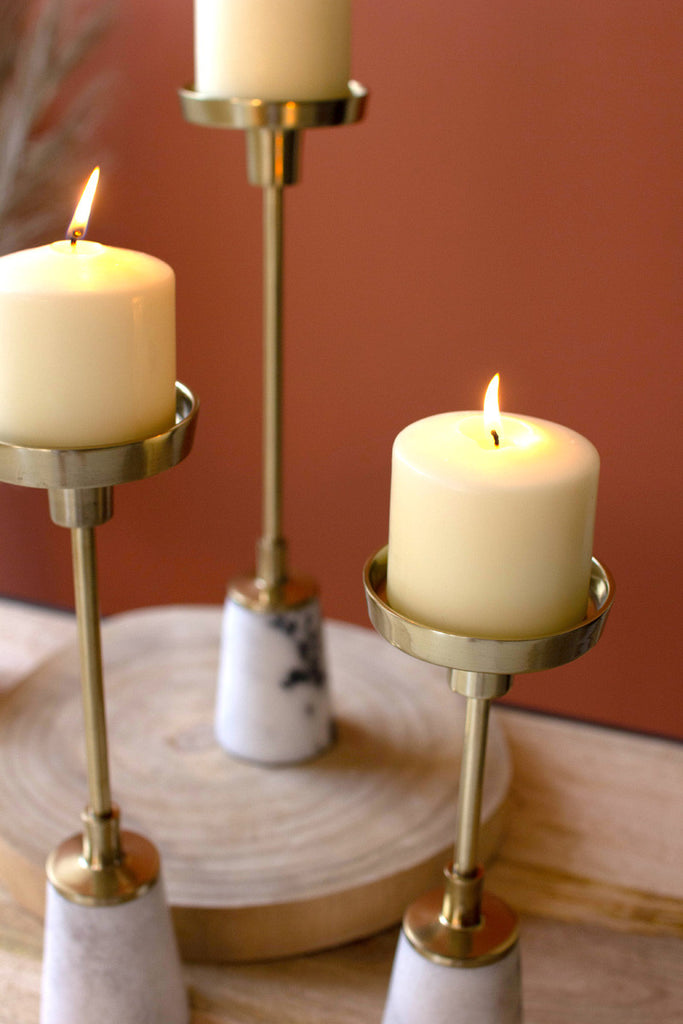 Set of 3 brass pillar candle holders with marble bases - Bombay Mercantile