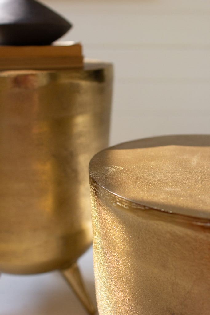 Set of 2 antique brass aluminum drum tables - Bombay Mercantile