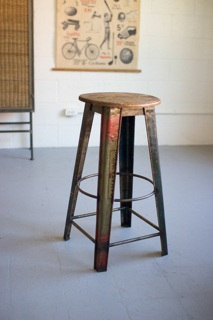 Recycled metal bar stool with wooden top - The Nifty Decor