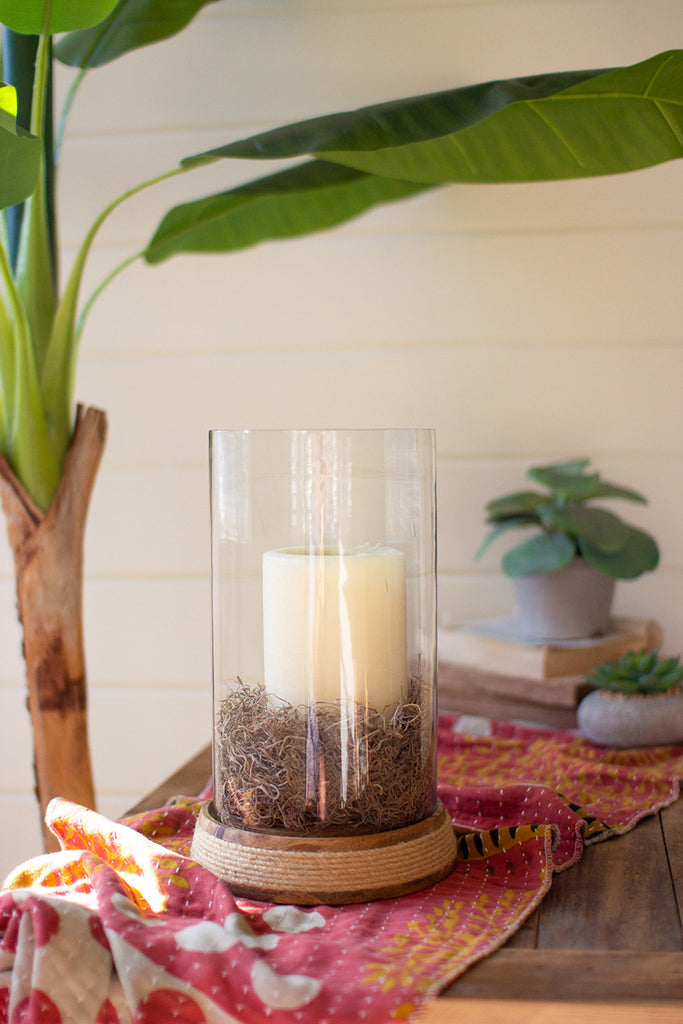 Jute and mango wood base hurricane - The Nifty Decor