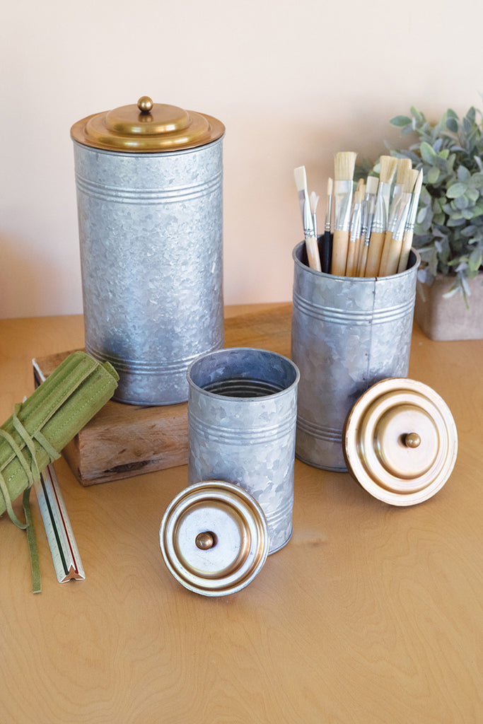 Galvanized canisters with brass lids, Set of 3 - The Nifty Decor