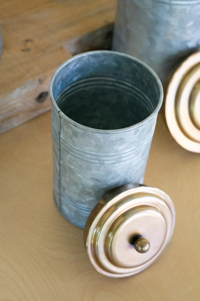 Galvanized canisters with brass lids, Set of 3 - The Nifty Decor
