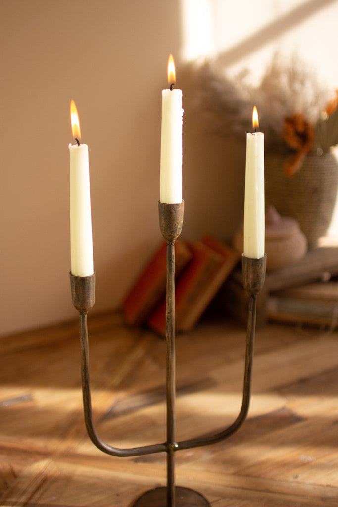 Three-tiered antique brass taper candelabra - Bombay Mercantile