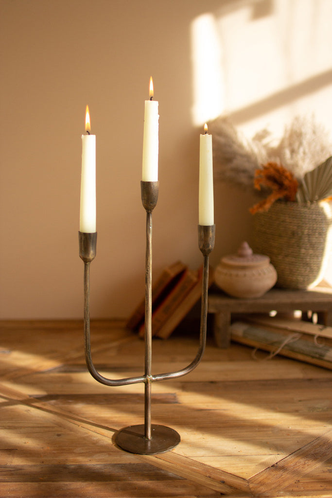 Three-tiered antique brass taper candelabra - Bombay Mercantile