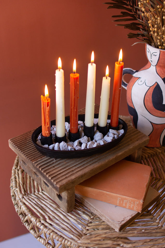 Oval iron platter with six taper candle holders - Bombay Mercantile