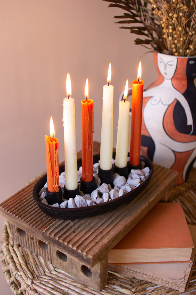 Oval iron platter with six taper candle holders - Bombay Mercantile
