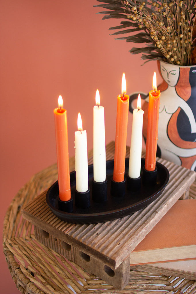 Oval iron platter with six taper candle holders - Bombay Mercantile