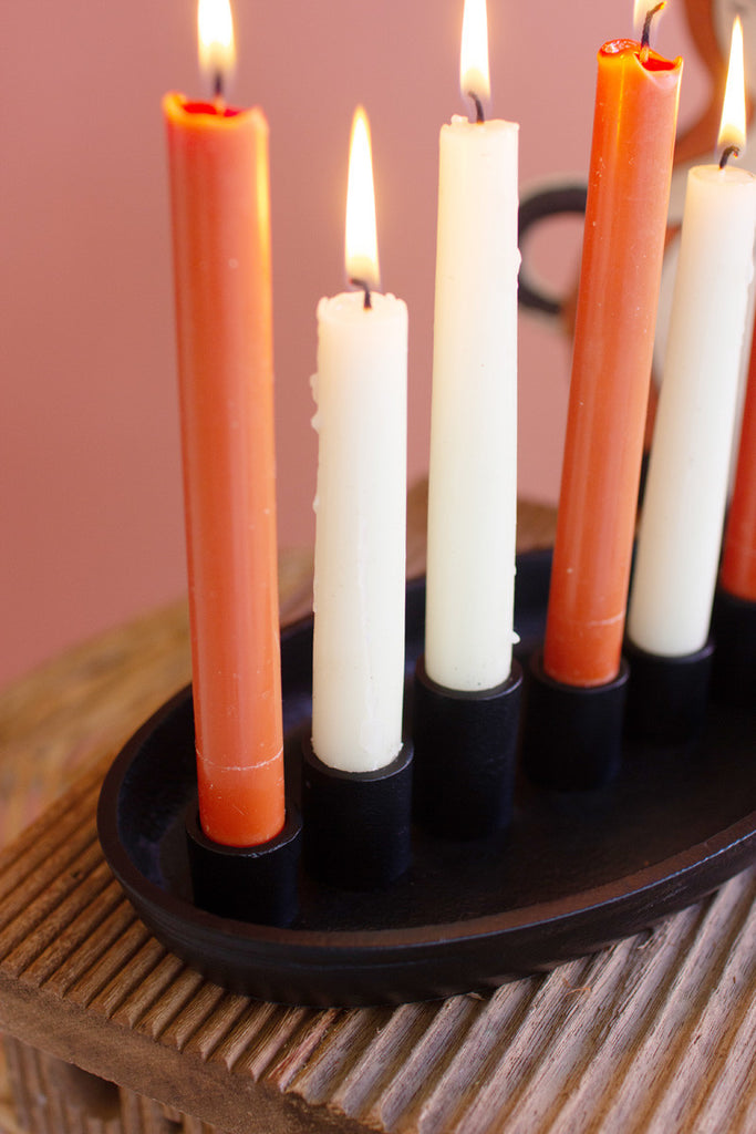 Oval iron platter with six taper candle holders - Bombay Mercantile
