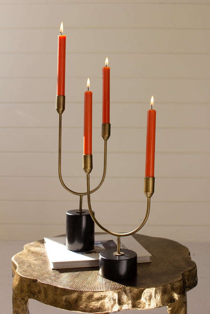 Set of 2 brass with marble double taper candle holders - Bombay Mercantile