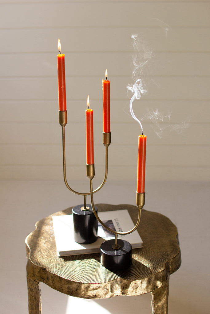 Set of 2 brass with marble double taper candle holders - Bombay Mercantile