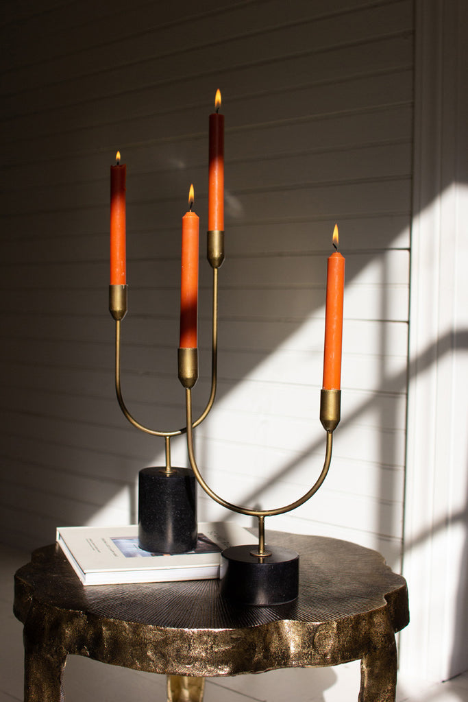 Set of 2 brass with marble double taper candle holders - Bombay Mercantile