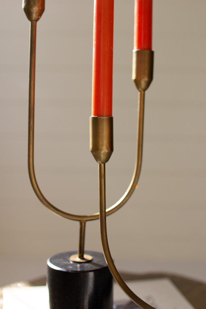 Set of 2 brass with marble double taper candle holders - Bombay Mercantile