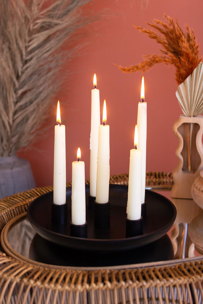 Round iron platter with six taper candle holders - Bombay Mercantile