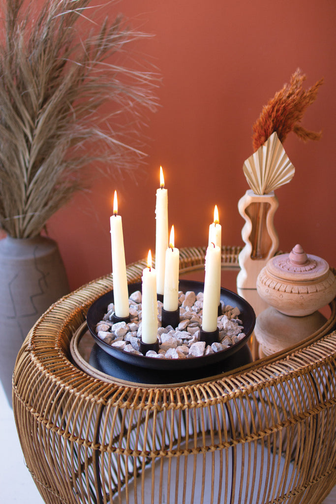 Round iron platter with six taper candle holders - Bombay Mercantile
