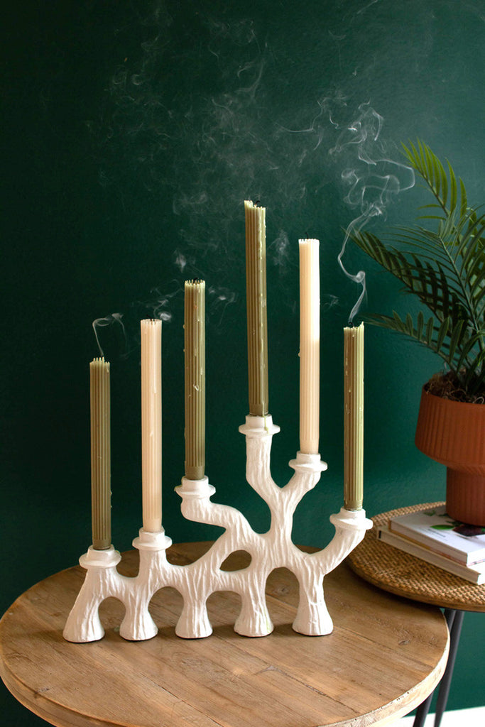 Cast aluminum six taper white candelabra tree - Bombay Mercantile
