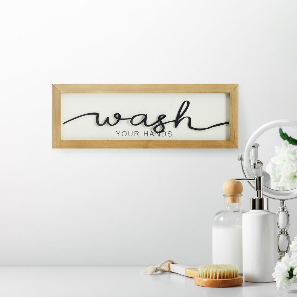 Wood Framed Metal Laser Cut Wash Your Hands Sign - Bombay Mercantile