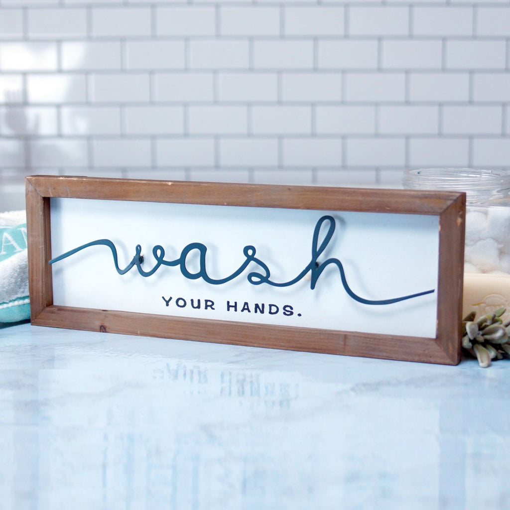 Wood Framed Metal Laser Cut Wash Your Hands Sign - Bombay Mercantile