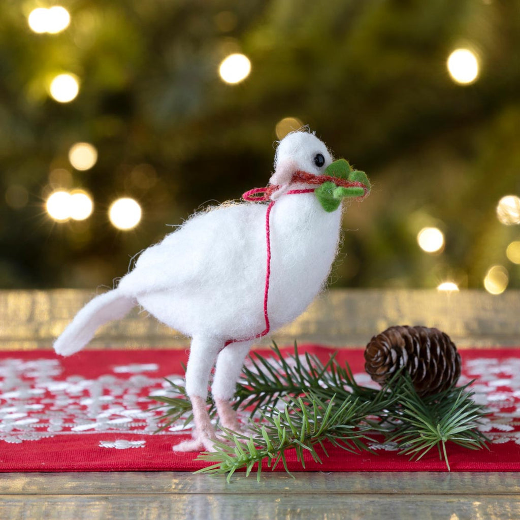 Wool White Dove with Holly Sprig - Bombay Mercantile