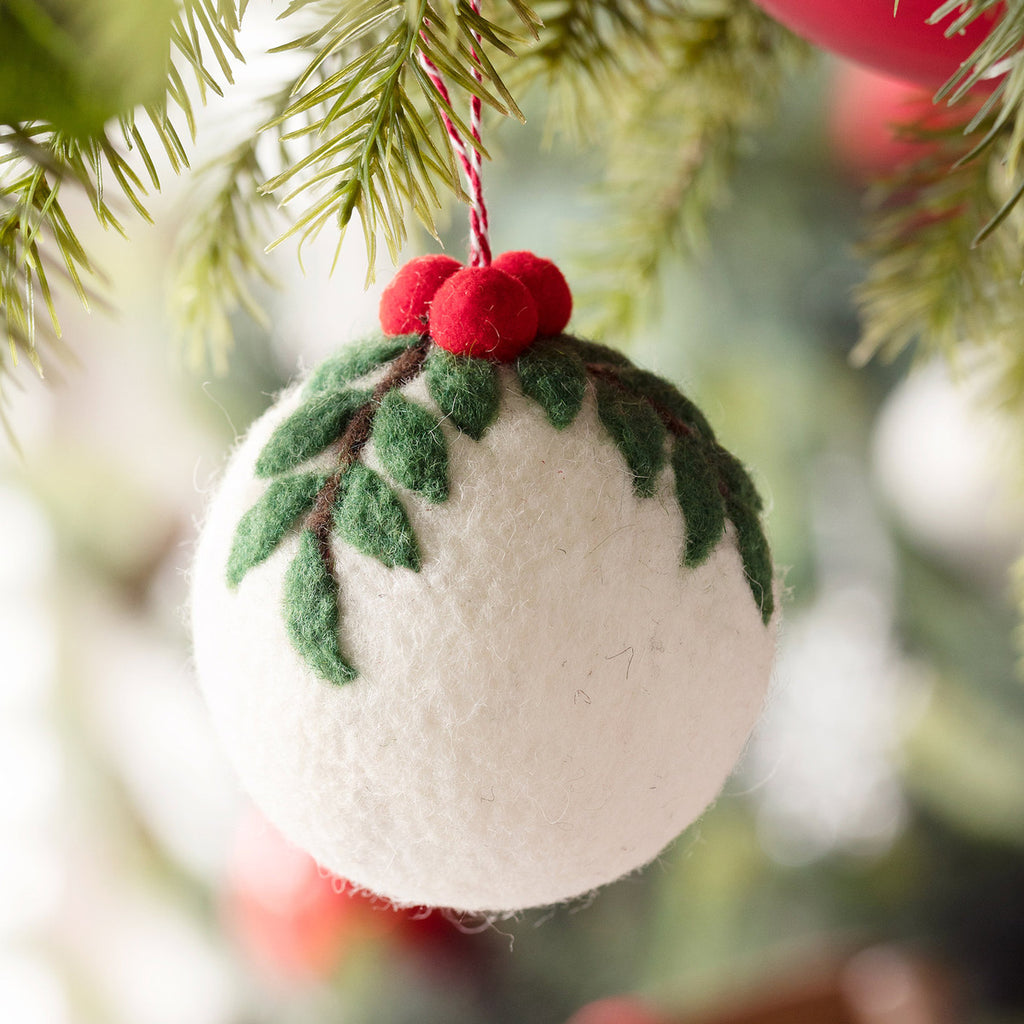 Wool Ball Ornament with Holly Top - Bombay Mercantile
