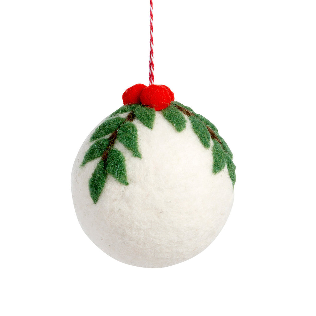 Wool Ball Ornament with Holly Top - Bombay Mercantile