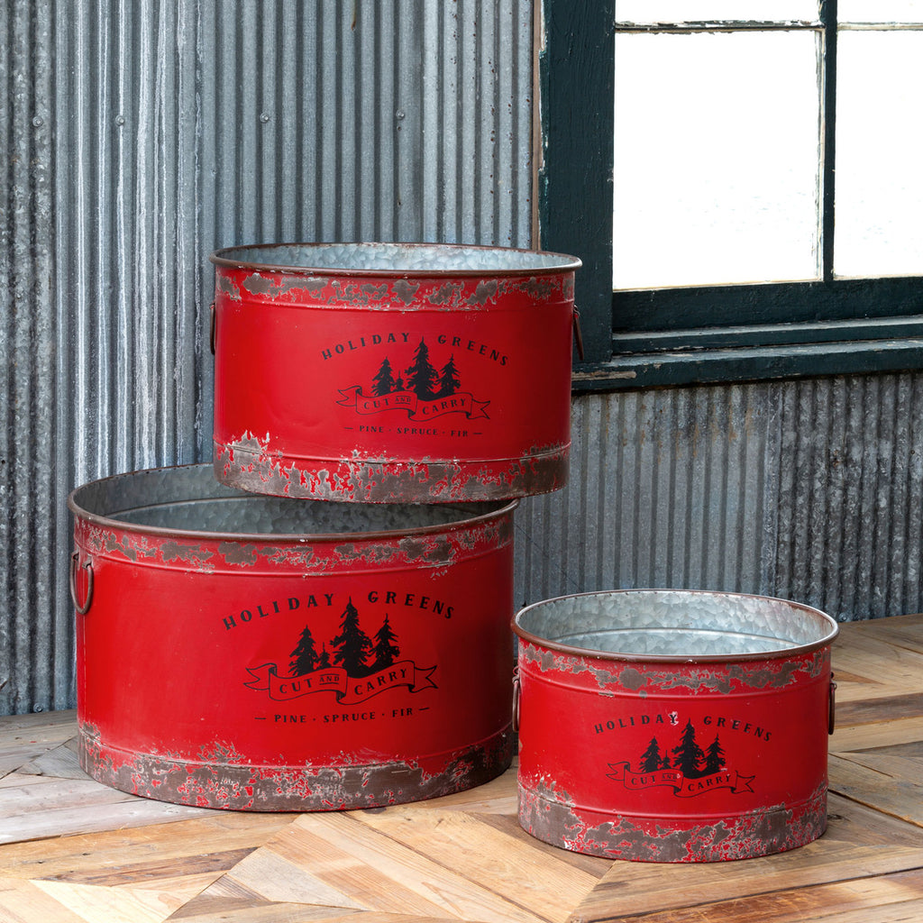 Antique Red Metal Tree Pots, Set of 3 - Bombay Mercantile