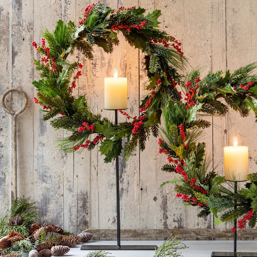 Pine and Holly Wreath on Candle Stand, Tall - Bombay Mercantile
