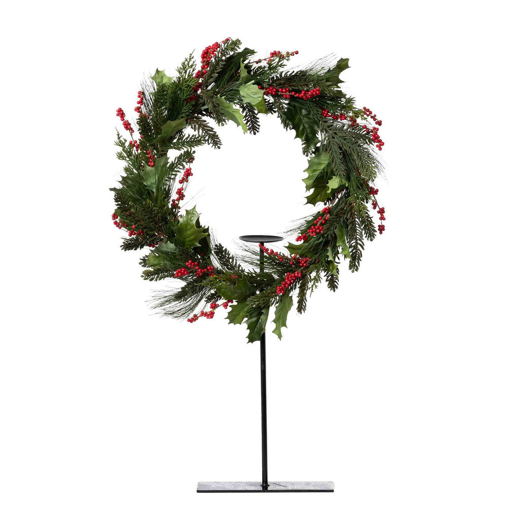 Pine and Holly Wreath on Candle Stand, Tall - Bombay Mercantile