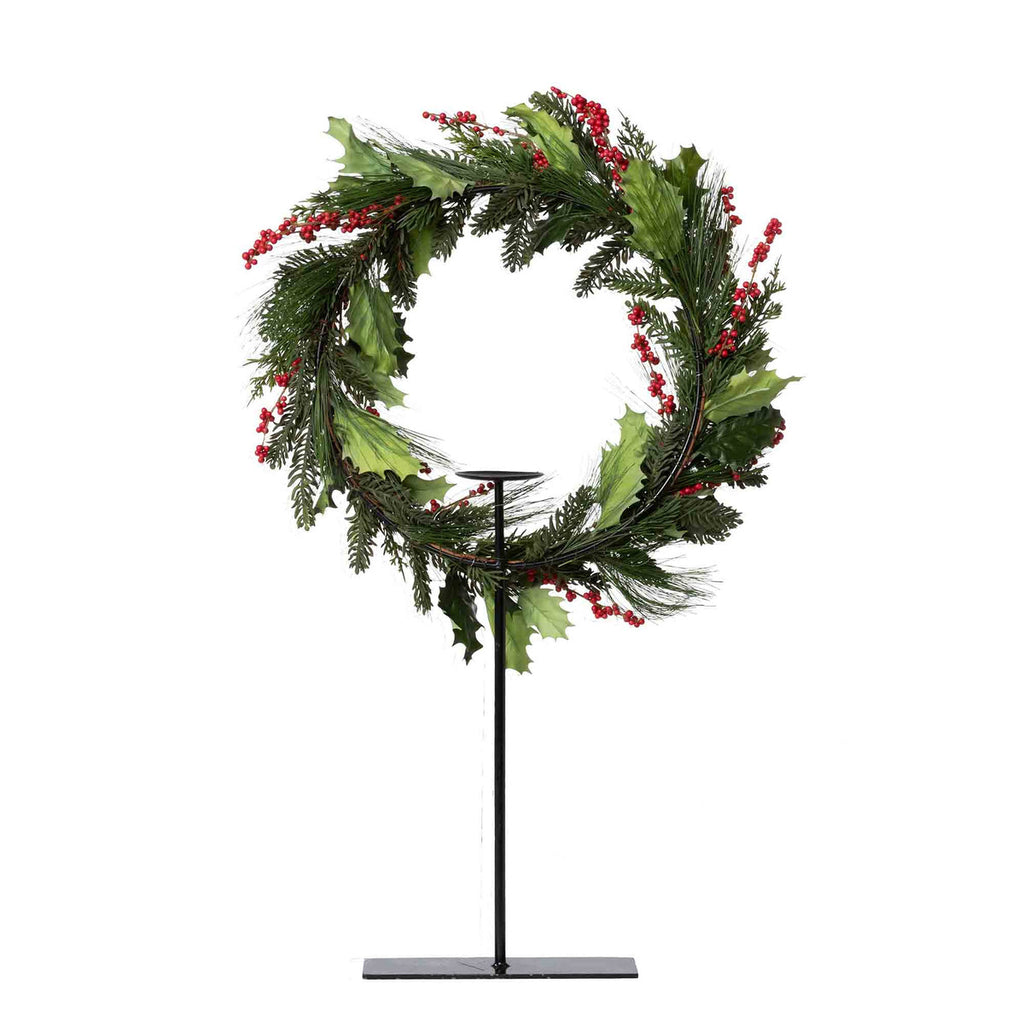 Pine and Holly Wreath on Candle Stand, Tall - Bombay Mercantile