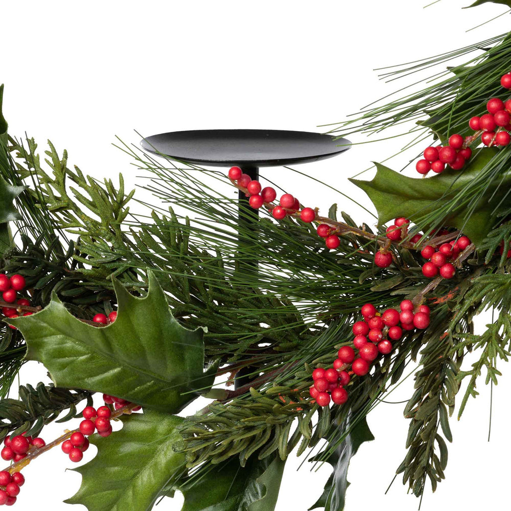 Pine and Holly Wreath on Candle Stand, Tall - Bombay Mercantile