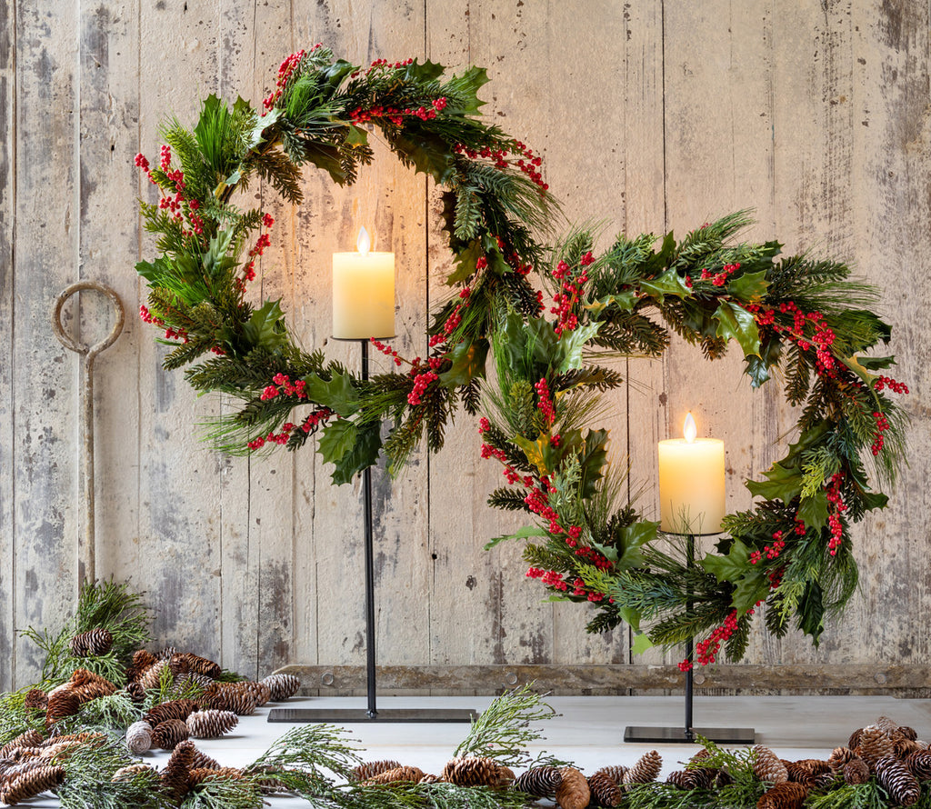 Pine and Holly Wreath on Candle Stand, Tall - Bombay Mercantile