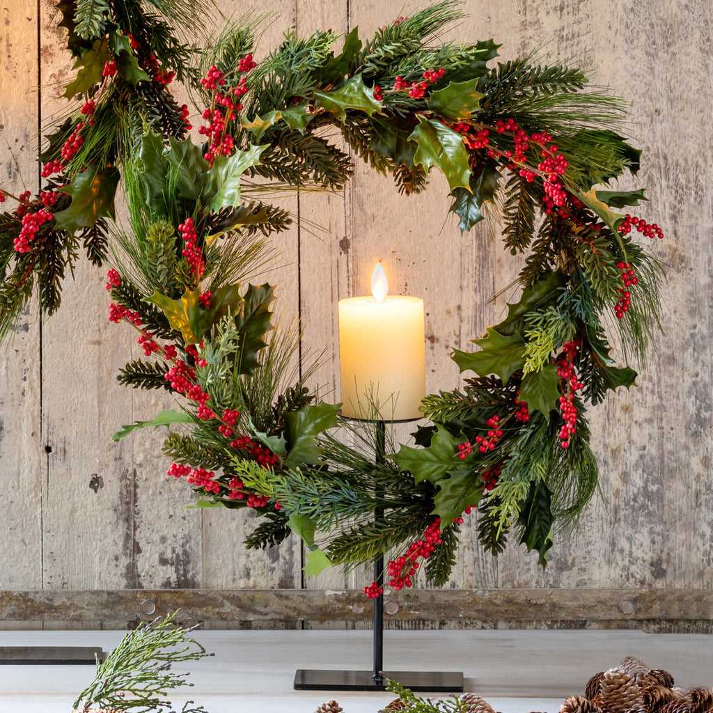 Pine and Holly Wreath on Candle Stand, Medium - Bombay Mercantile
