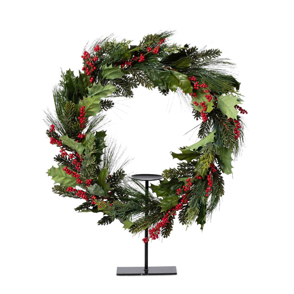 Pine and Holly Wreath on Candle Stand, Medium - Bombay Mercantile