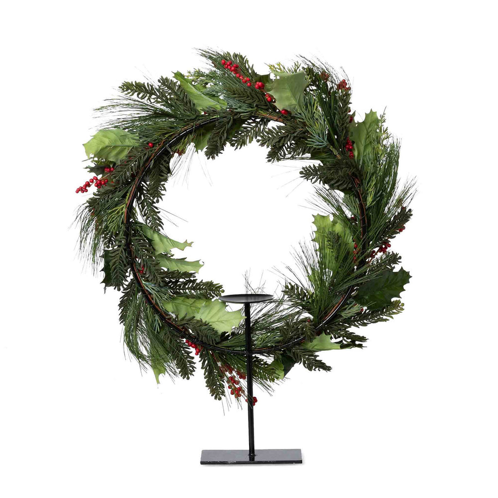 Pine and Holly Wreath on Candle Stand, Medium - Bombay Mercantile