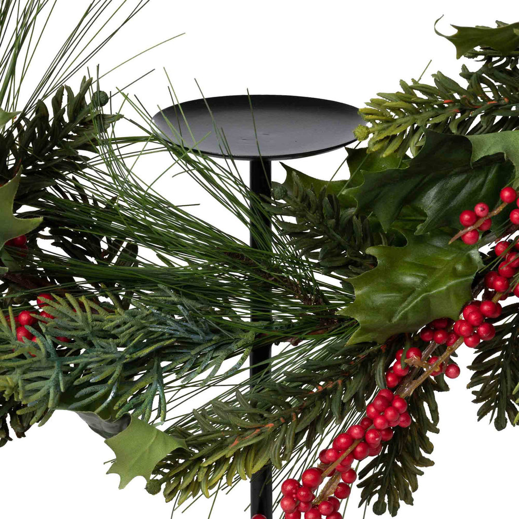 Pine and Holly Wreath on Candle Stand, Medium - Bombay Mercantile