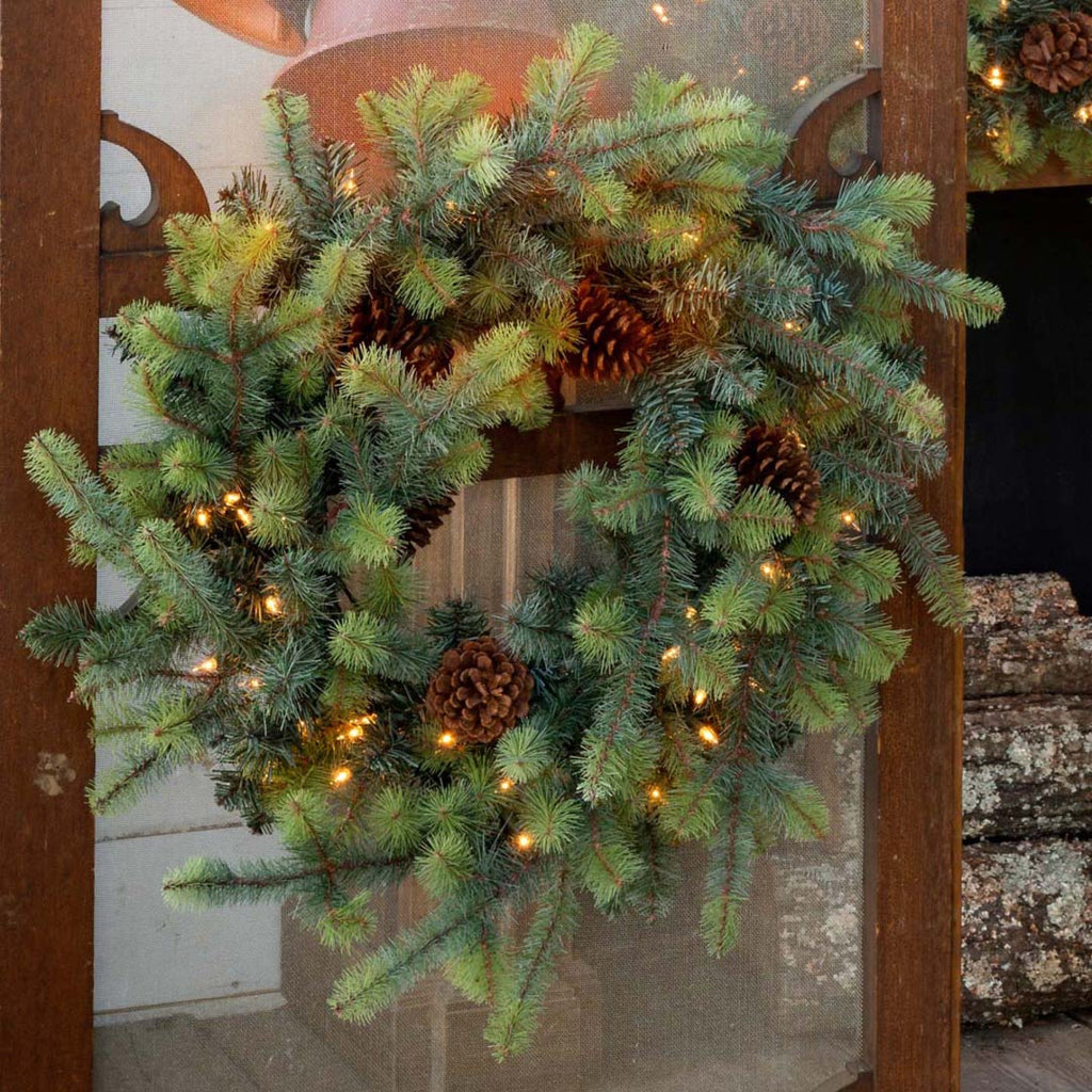 Blue Spruce Wreath with LED Lights, Large - Bombay Mercantile