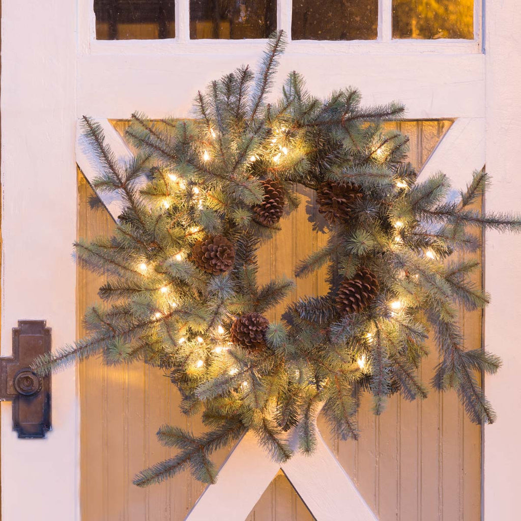 Blue Spruce Wreath with LED Lights, Large - Bombay Mercantile