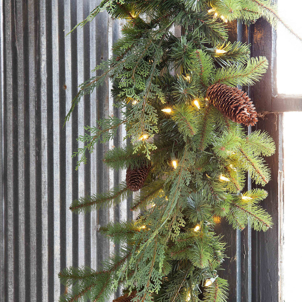 Mixed Evergreen Garland with LED Lights - Bombay Mercantile