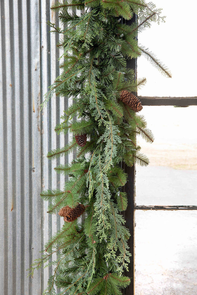 Mixed Evergreen Garland with LED Lights - Bombay Mercantile