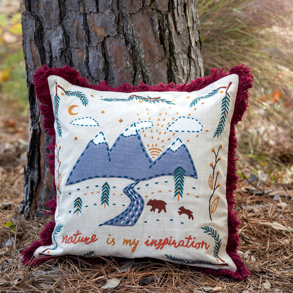 Mountain Road Appliqued Cotton Pillow - Bombay Mercantile