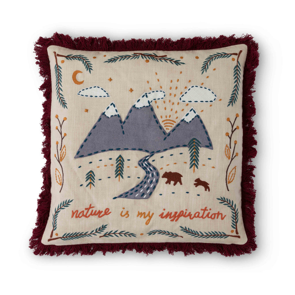 Mountain Road Appliqued Cotton Pillow - Bombay Mercantile
